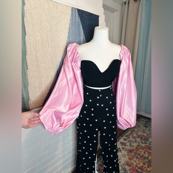 Fashion Nova Black Crop Top with Balloon Pink Sleeves - Picture 1 of 8